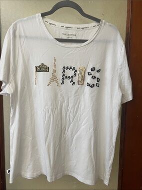 Karl Lagerfeld White Tee with Gold and Black Embellished PARIS Motif